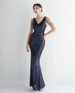 19600beaded Craft Beaded Evening Dress Long Banquet Slim Evening Dress Temperament Elegant Cold Glamorous Beauty