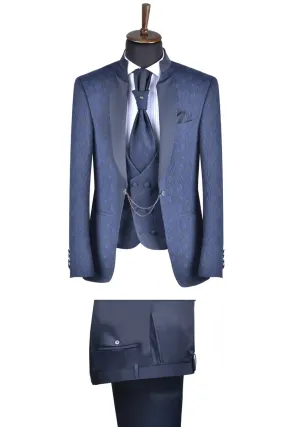 Damask blue korean slim fit dress with waistcoat and tie