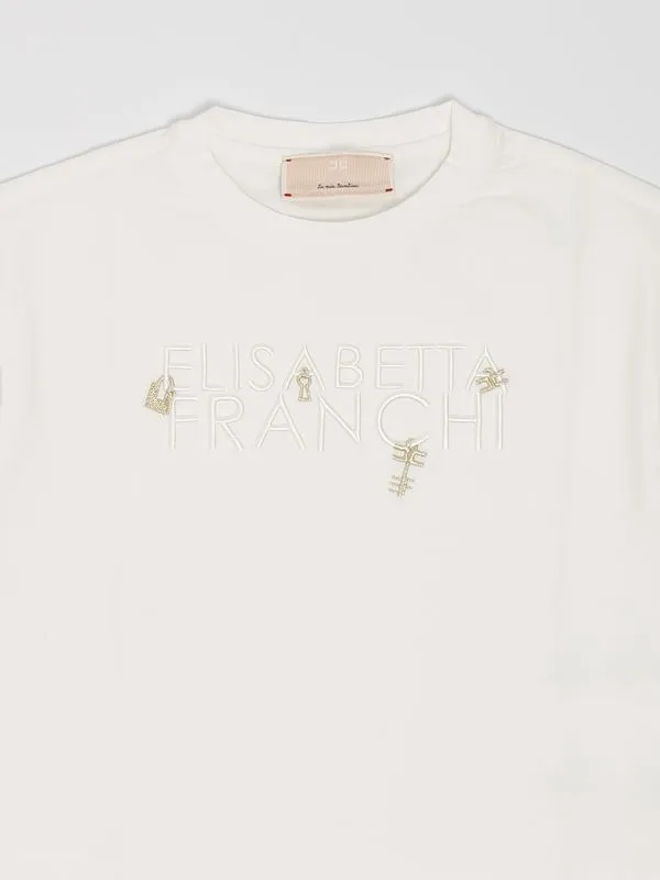 T-shirt bambina Elisabetta Franchi con logo ricamato in jersey Panna