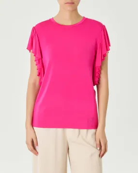 T-shirt fucsia girocollo in jersey di viscosa con maniche ad aletta con volant